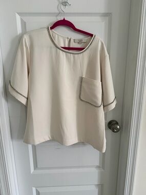 LOFT Cream Short Sleeve Blouse with Beaded Trim